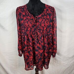 TOMMY HILFIGER Size XL Red & Navy Floral Chiffon Boho Chic Pleated Flowy Blouse